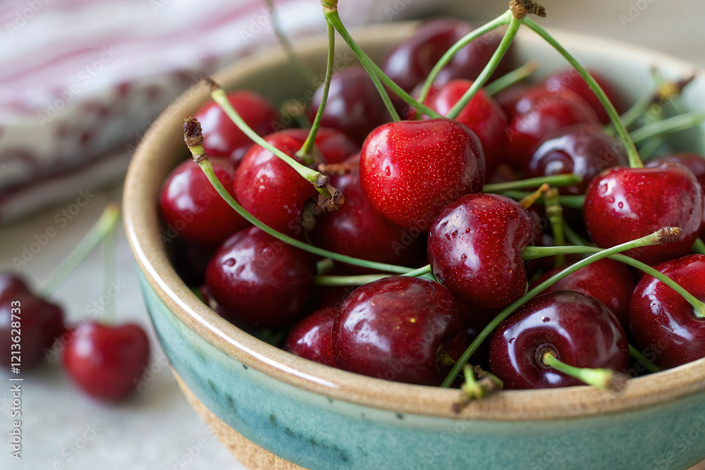 Fresh Organic Cherries in Ceramic Bowl on Light Countertop Fresh Organic Cherries in Ceramic Bowl on Light Countertop