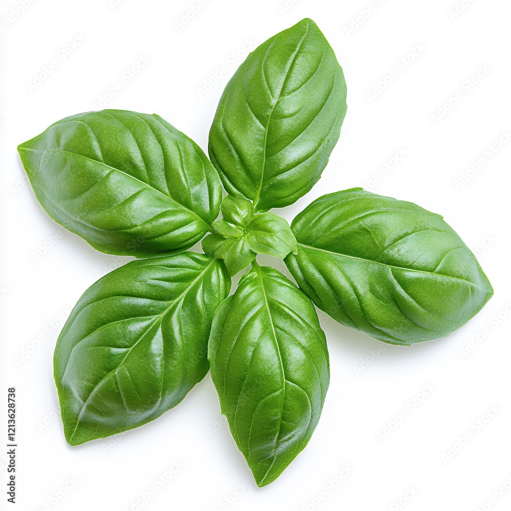 Fototapeta premium Vibrant Sprig of Fresh Basil Leaves Arranged in a Starburst Pattern on White Background