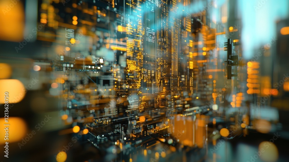 Obraz premium A close-up shot of an electronic motherboard in a hardware repair shop reveals intricate circuitry details, with a blurred panoramic background showcasing technological complexity, all toned in a capt