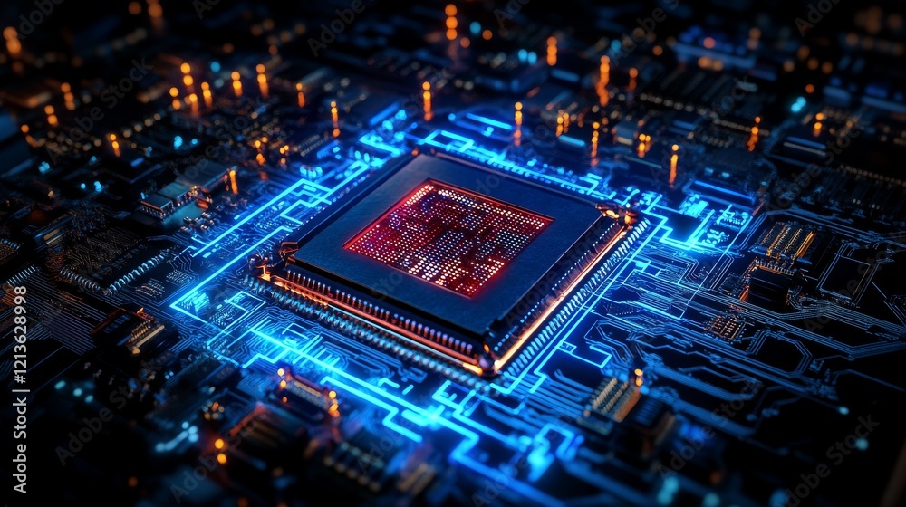 Obraz premium central processing core visualization, radiant binary matrix display, branching circuit pathways, luminous azure technology glow, advanced microprocessor design, geometric data node pattern, deep