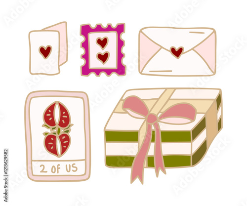 Vintage romantic hand drawn strawberry tarot card, gift box, love letters, stamps, line art illustration elements