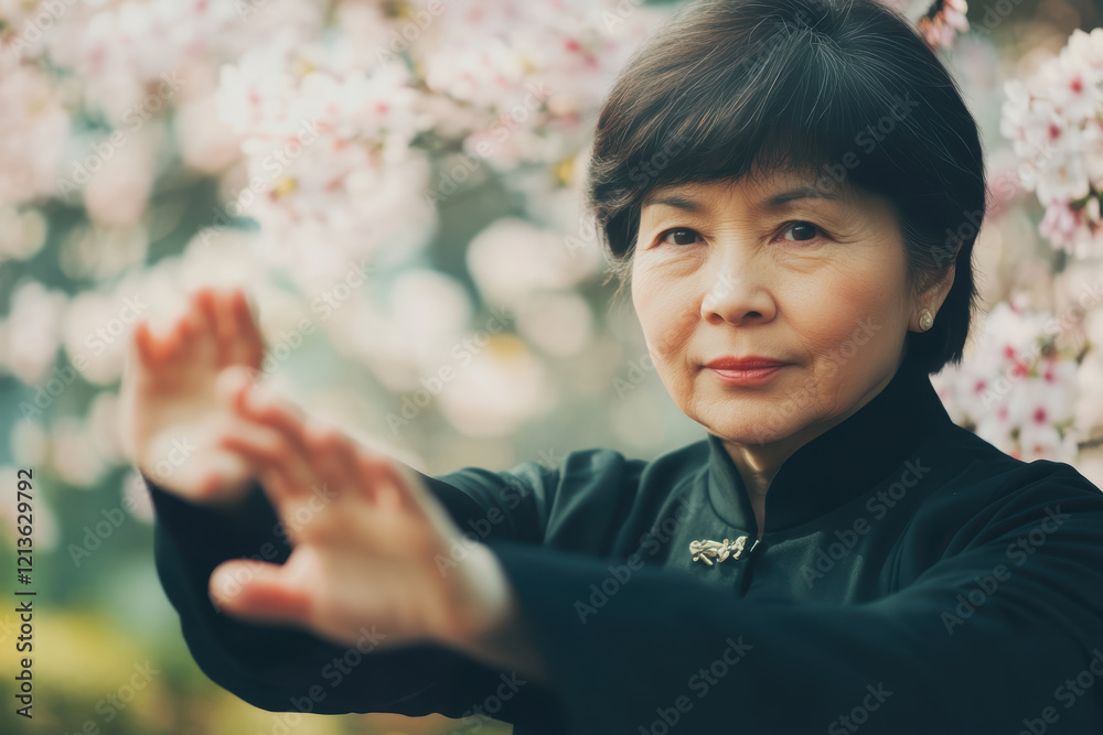 Mature Asian Female Practicing Tai Chi in a Blossoming Cherry Blossom Garden Mature Asian Female Practicing Tai Chi in a Blossoming Cherry Blossom Garden