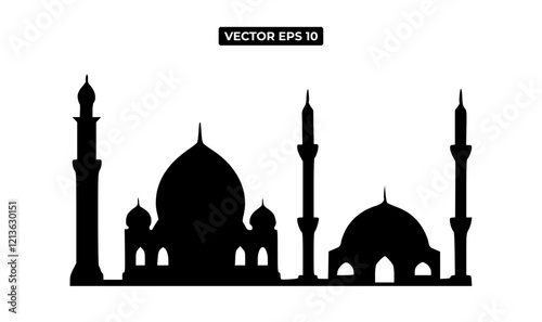 Silhouette of a mosque with domes and minarets against a white background.