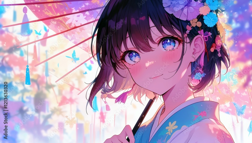 Young woman with a parasol surrounded by vibrant colors and butterflies in an enchanting festival atmosphere showcasing joyful expression and cultural attire Young woman with a parasol surrounded by vibrant colors and butterflies in an enchanting festival atmosphere showcasing joyful expression and cultural attire