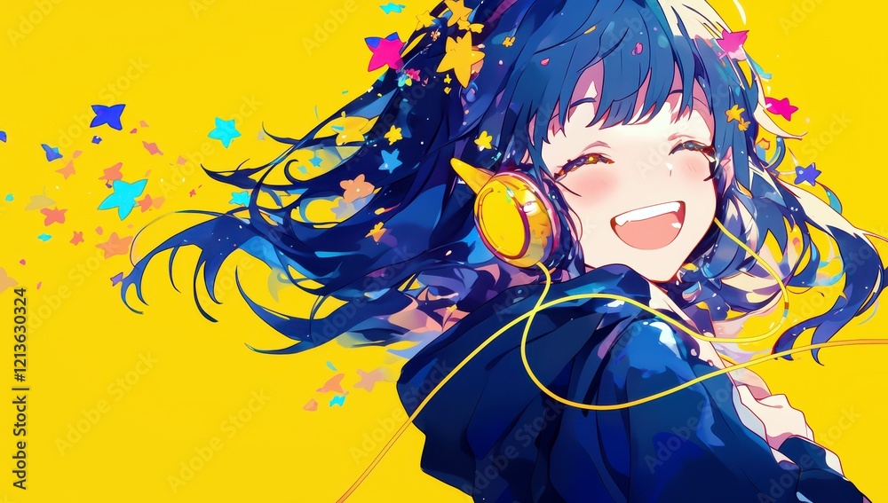 Naklejka premium Joyful young girl with headphones enjoying music against bright yellow background filled with colorful stars and playful elements