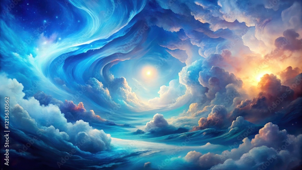 Fototapeta premium Celestial blue watercolor dreamscape: abstract fantasy art, magical, ethereal, surreal.