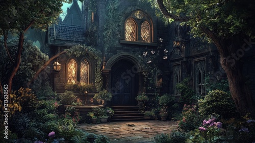 A generative, dramatic gothic scene with an old wizard's dark interior yard hall, evoking mystery and witchcraft, creates a fantasy background for exploring world of wizardry and magic
