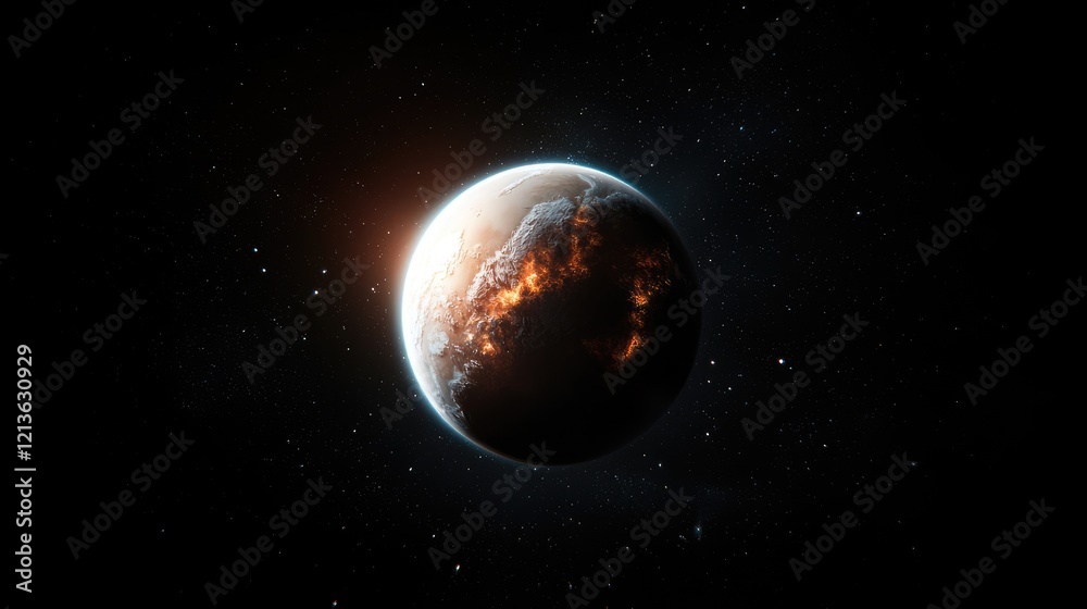 Fototapeta premium Burning planet with molten lava surfaces glows against the dark expanse of outer space filled with distant stars.