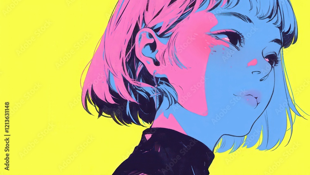 Fototapeta premium Abstract portrait of a young woman with vibrant colors and a unique artistic style on a bright yellow background emphasizing beauty and creativity