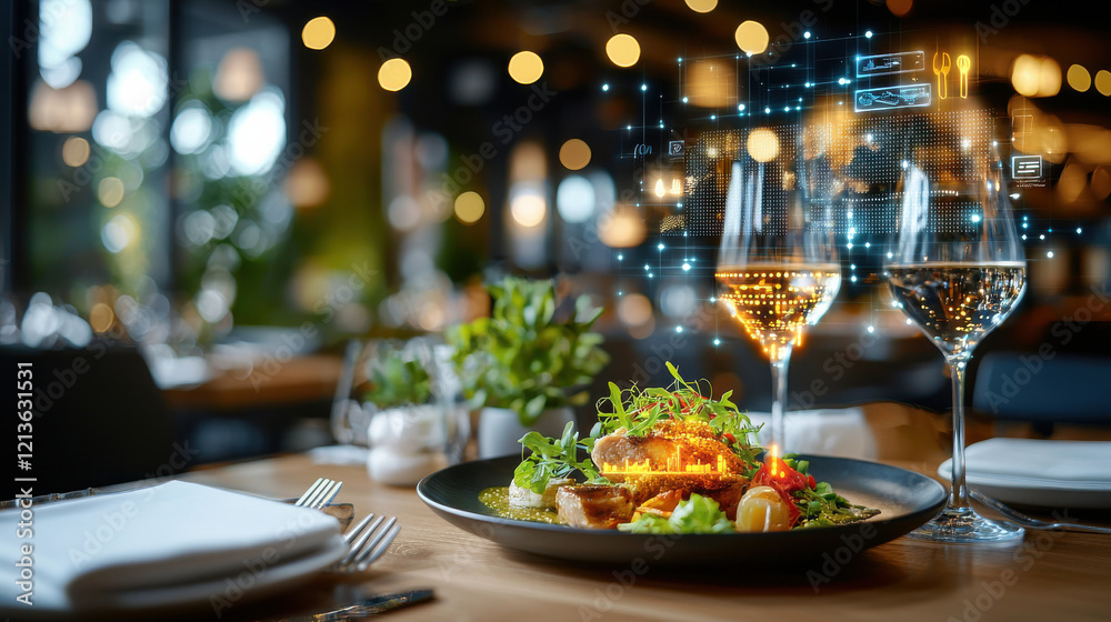 high end restaurant table setting featuring gourmet food, elegant wine glasses, and modern ambiance with digital overlays. atmosphere is inviting and sophisticated high end restaurant table setting featuring gourmet food, elegant wine glasses, and modern ambiance with digital overlays. atmosphere is inviting and sophisticated