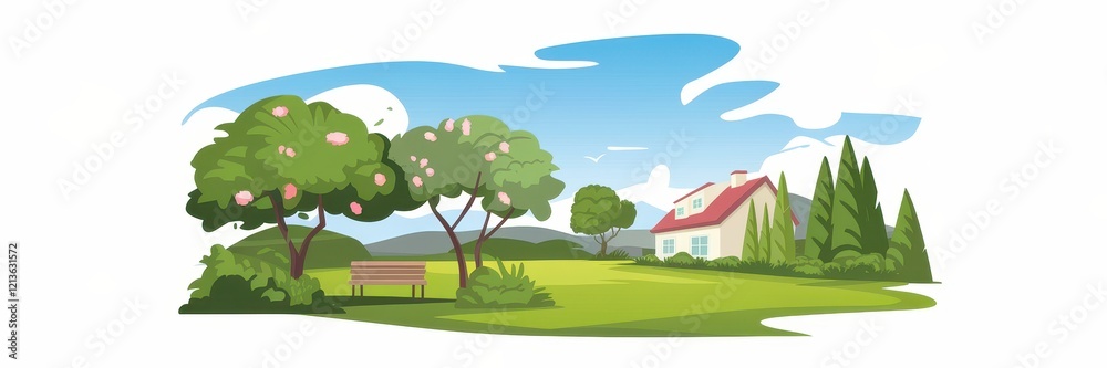 Obraz premium Idyllic Suburban House with Blooming Trees and Park Bench