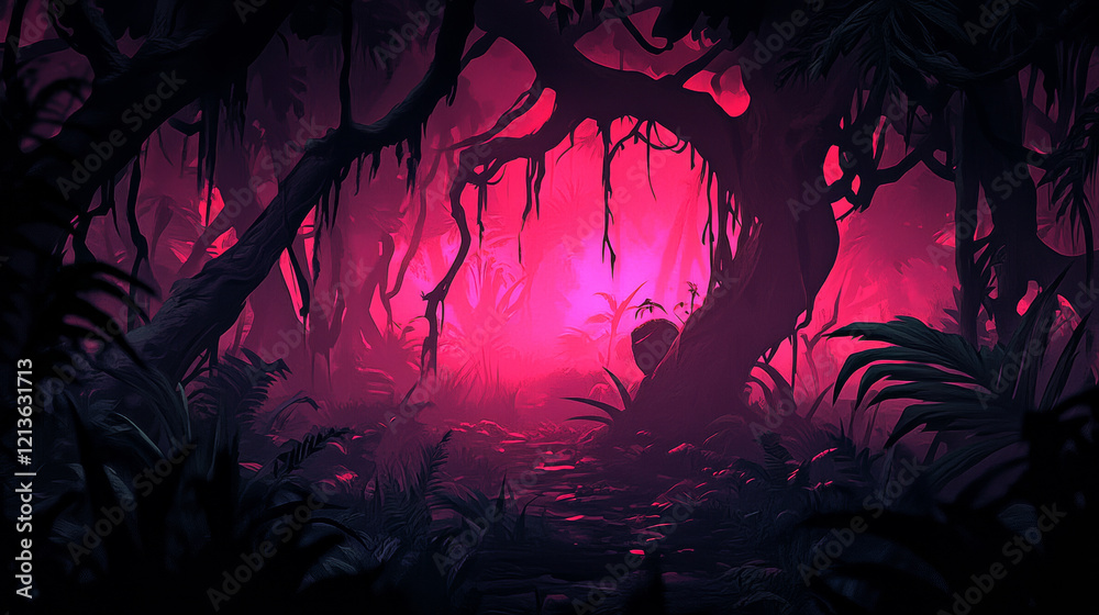 Mysterious jungle with vibrant pink glow Mysterious jungle with vibrant pink glow