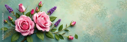 Beautiful floral arrangement with pink roses and lavender on a textured green background.