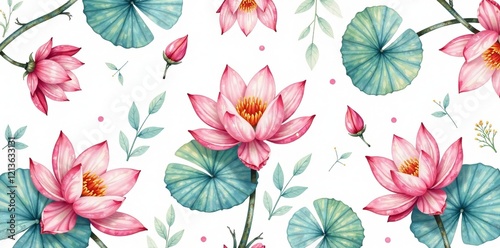 Beautiful watercolor illustration of pink lotus flowers and green leaves on white background.