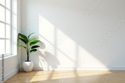 Bright and airy room with natural light and a green plant in a stylish pot. photo