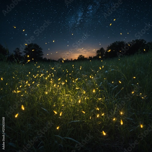 A fantasy meadow lit by glowing fireflies and flowers. A Field of Glowing Fireflies Under a Starry Night Sky Nighttime Forest with a Field of Fireflies Glowing Under a Starry Sky