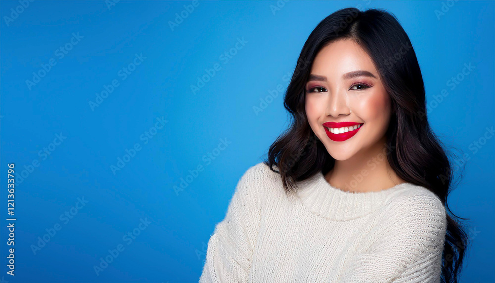 Fototapeta premium beautiful young woman happy on blue background