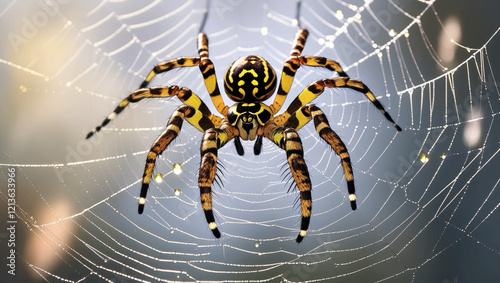 Araneus large spider. Araneus, a huge spider, perched on a web. spider. A garden spider on a web in a macro shot against a grey, organic backdrop. Close-up, isolated on light, text location photo