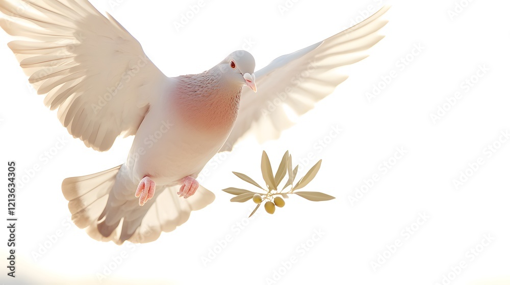 Fototapeta premium White Dove In Flight Carrying Olive Branch