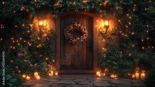 Festive front door decoration with diyas, flower garlands, string lights, candles, and warm lights for Diwali celebration photo