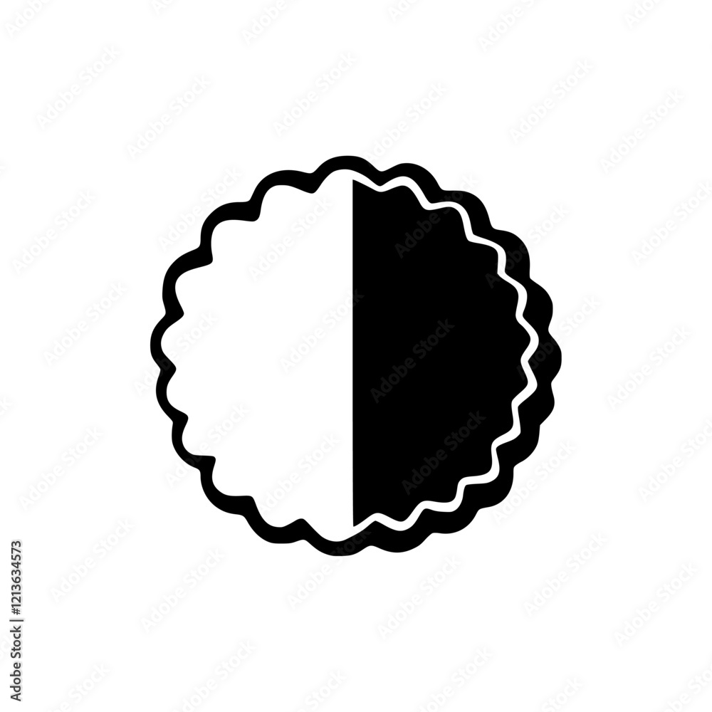 A circular graphic divided into black and white halves with a scalloped edge. A circular graphic divided into black and white halves with a scalloped edge.