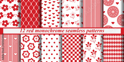 Vector set seamless red monochrome valentines patterns with hearts on a transparent background. For textiles, wallpaper and packaging.