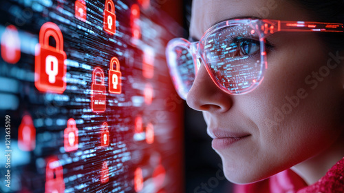 close up of professional analyzing digital security data, with reflections of red padlocks in glasses, conveying sense of focus and urgency in cybersecurity