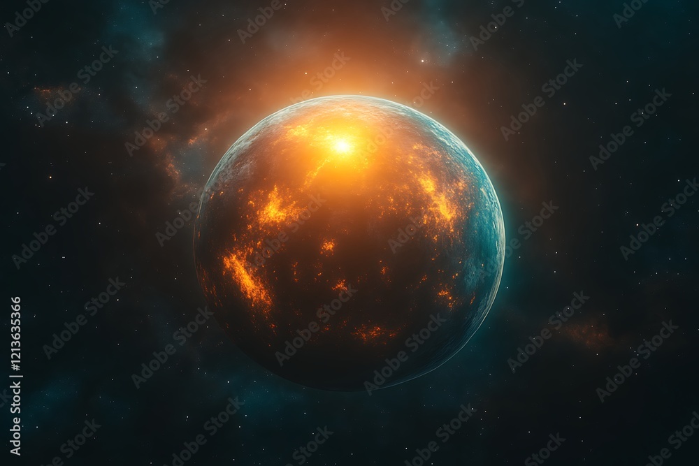 Obraz premium Fiery planet in space, sunlit.