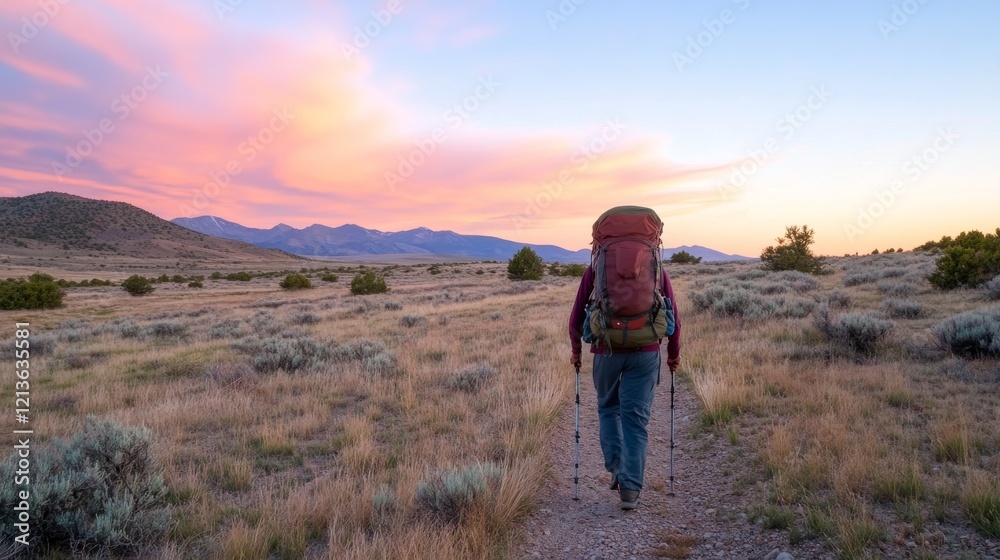 Naklejka premium Hiker trekking desert trail at sunset, mountains background, adventure travel