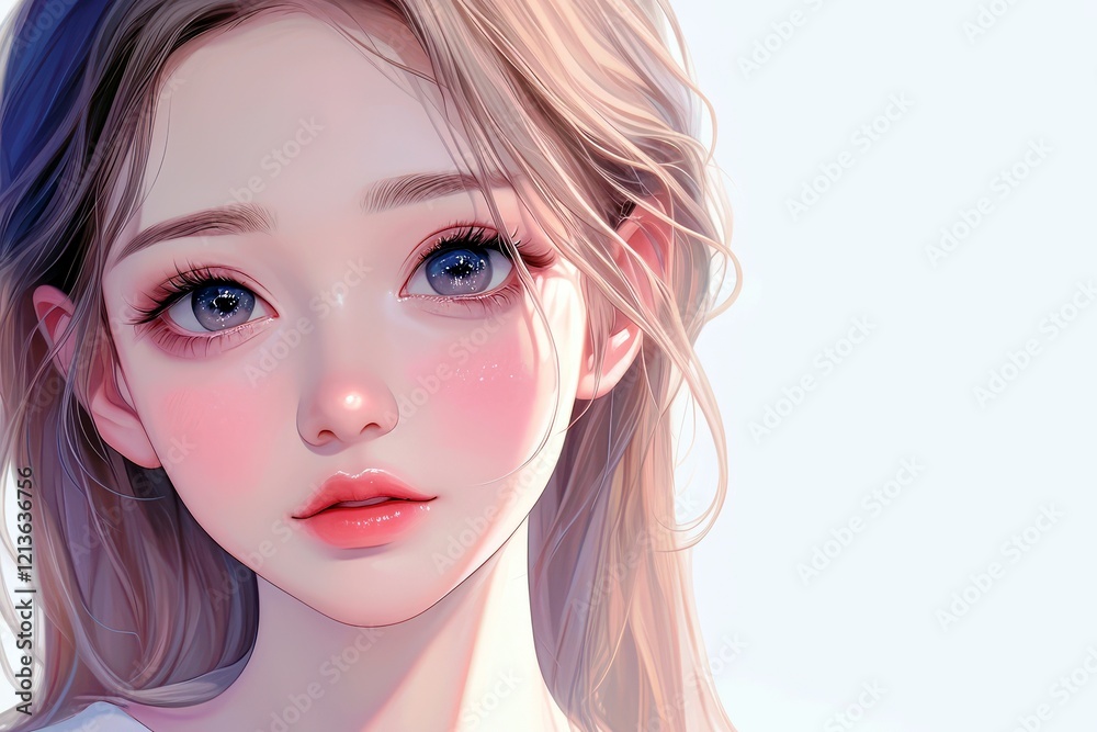 Beautiful girl with long light hair and captivating blue eyes, soft skin, subtle blush, looking gently at the viewer, light pastel background, dreamy expression Beautiful girl with long light hair and captivating blue eyes, soft skin, subtle blush, looking gently at the viewer, light pastel background, dreamy expression