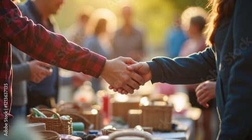 Hands exchanging cash for second-hand items at a rummage sale table, variety of goods displayed, warm sunlight, local and social vibe. photo