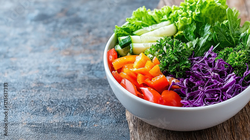 Fresh salad bowl filled with vibrant vegetables like lettuce, cucumber, bell peppers, and purple cabbage, showcasing healthy eating and colorful ingredients photo