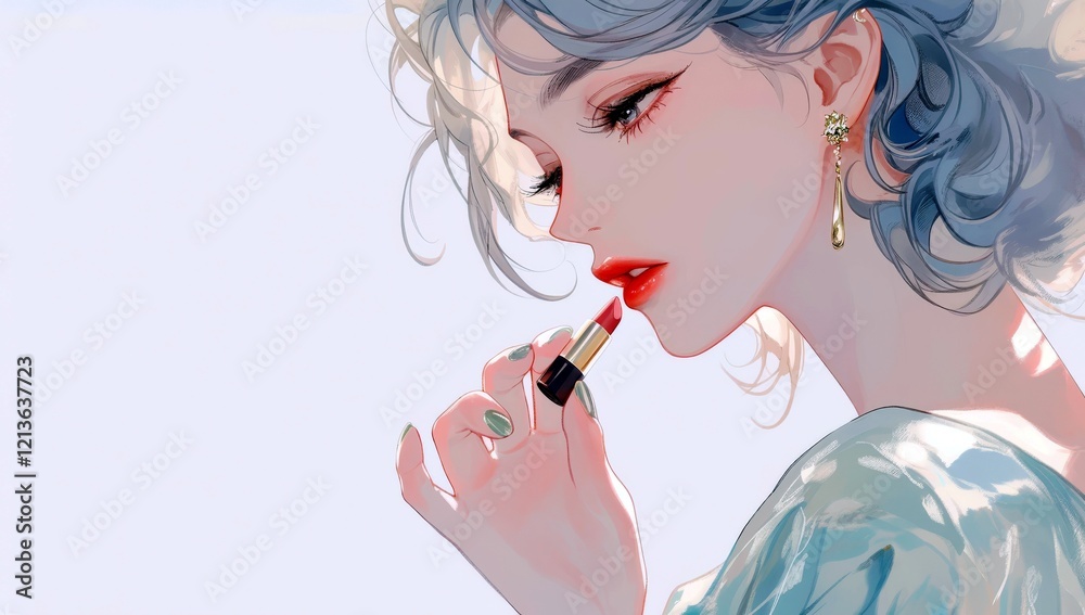 Obraz premium Elegant woman applying lipstick with soft curls, wearing stylish earrings, showcasing beauty and fashion in a dreamy pastel setting
