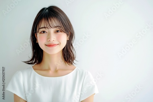 Wallpaper Mural Young woman with short black hair smiling brightly in a white dress against a light background, exuding joy, warmth, and confidence in a natural portrait Torontodigital.ca