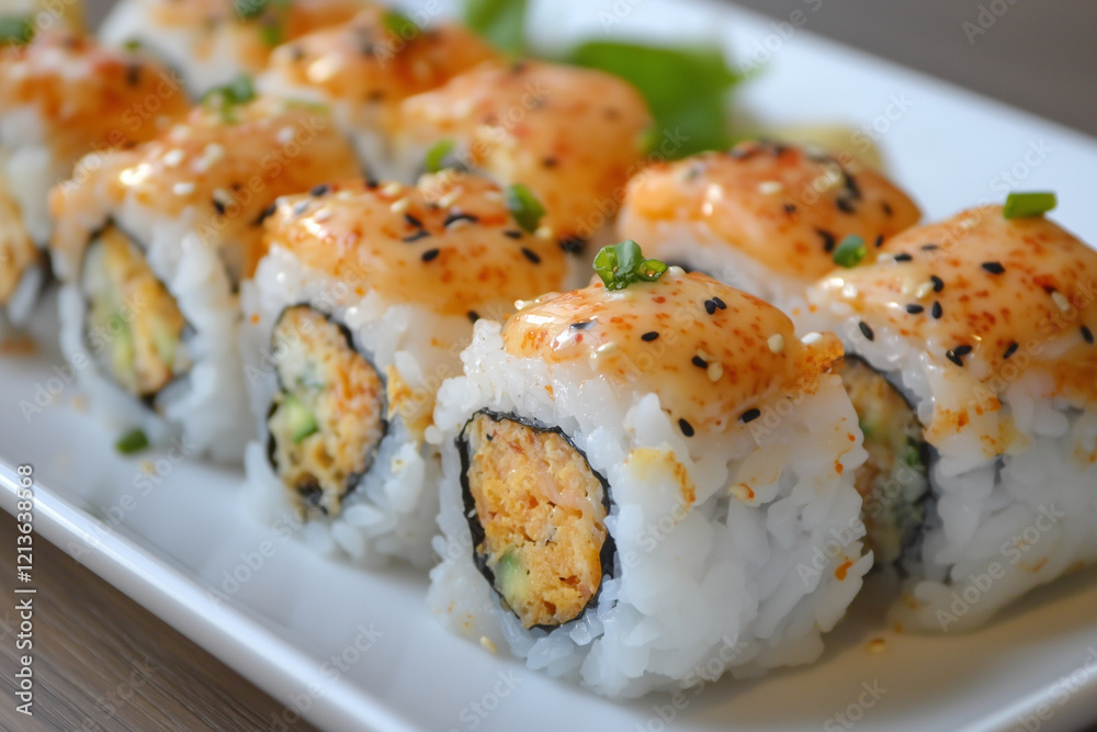 Close-up of sushi with fresh fish and rice. Close-up of sushi with fresh fish and rice.