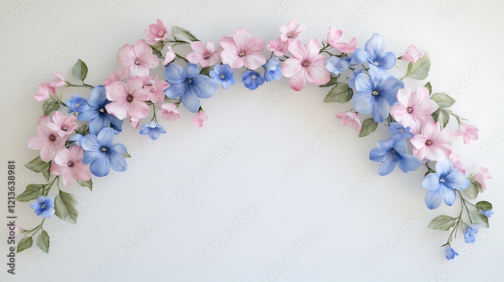 Pink and blue flowers creating a graceful arch on a smooth white backdrop Pink and blue flowers creating a graceful arch on a smooth white backdrop