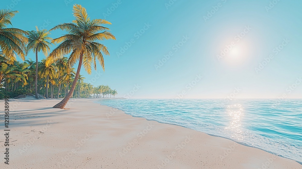 Obraz premium Idyllic tropical beach scene with palm trees, clear water, and bright sun.