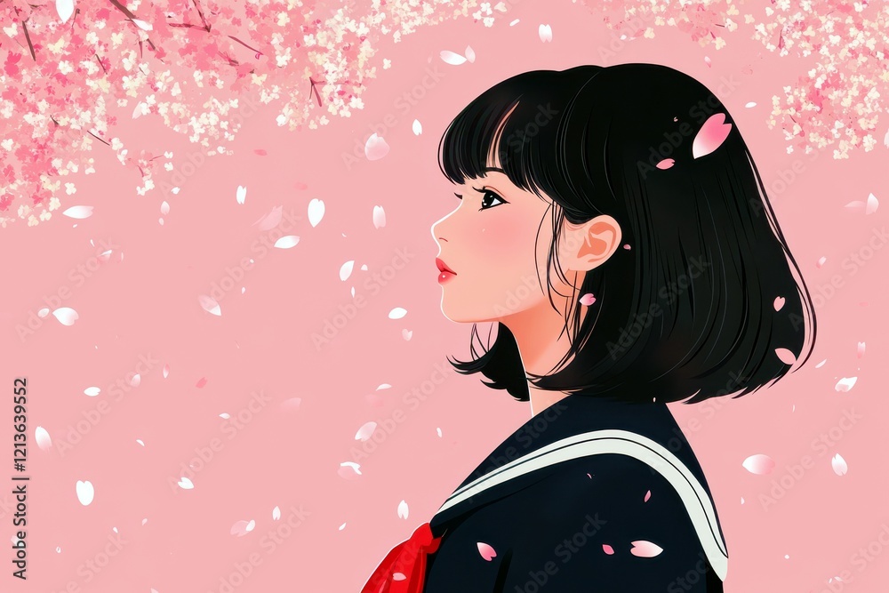 Beautiful young girl in a flowing black hair and school uniform stands amidst falling pink cherry blossom petals, symbolizing tranquility and youth in springtime Beautiful young girl in a flowing black hair and school uniform stands amidst falling pink cherry blossom petals, symbolizing tranquility and youth in springtime