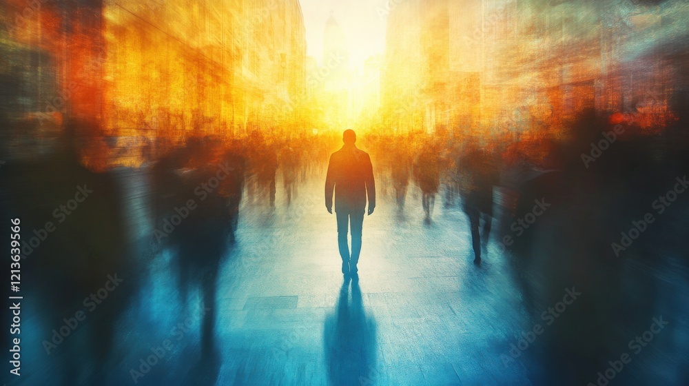 Obraz premium Contemplative figure walking alone on a sunlit path amidst a blurred crowd, symbolizing individuality and purpose, conveying hope, focus, and connection in a journey of self-discovery.