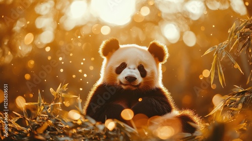 Charming Close-up of a Playful Panda Amidst a Lush Bamboo Forest, Bathed in Golden Sunset Light, Perfect for Wildlife and Nature Enthusiasts photo