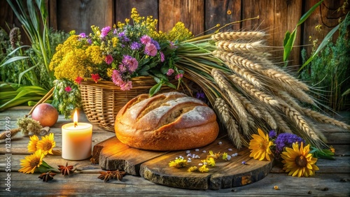 Lughnasadh's golden harvest graces the Lammas altar, a Wiccan celebration captured in evocative photography. photo