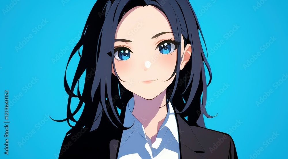 Professional young woman with long black hair in business attire smiling against a bright blue background, showcasing confidence and professionalism in an animated style Professional young woman with long black hair in business attire smiling against a bright blue background, showcasing confidence and professionalism in an animated style