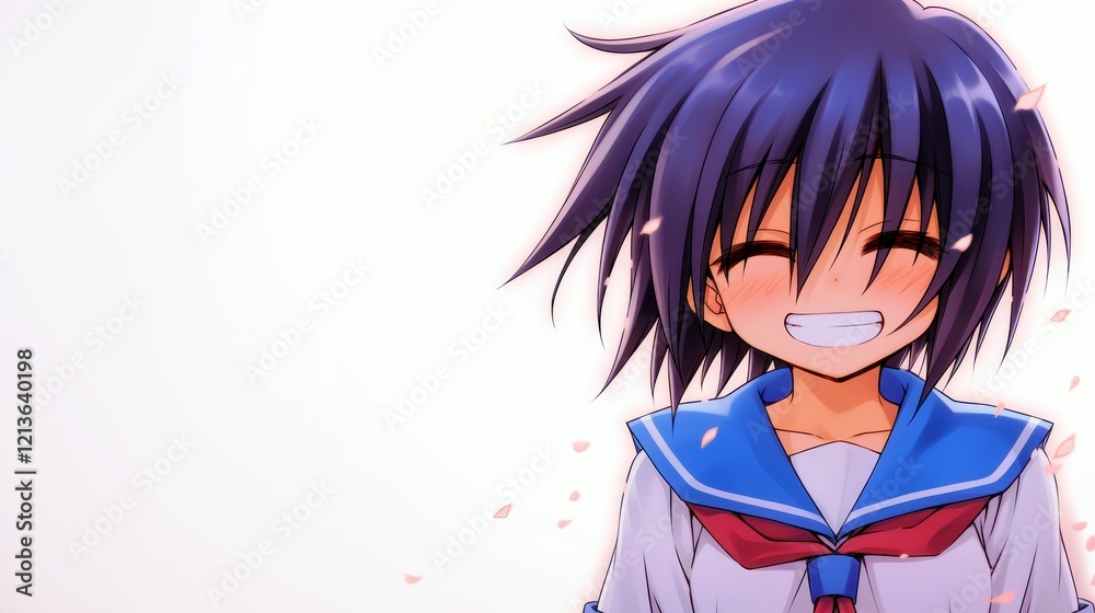 Cheerful female student with short blue hair wearing a school uniform in bright pastel background, expressing joy with a wide smile and falling petals Cheerful female student with short blue hair wearing a school uniform in bright pastel background, expressing joy with a wide smile and falling petals