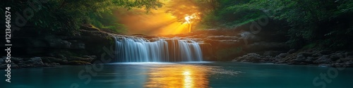 Golden sunrise illuminates a serene waterfall cascading into a tranquil pool within a lush jungle.