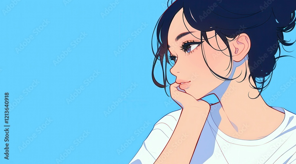 Young woman in profile with thoughtful expression on a blue background, showcasing modern illustration and stylish beauty features in digital art Young woman in profile with thoughtful expression on a blue background, showcasing modern illustration and stylish beauty features in digital art
