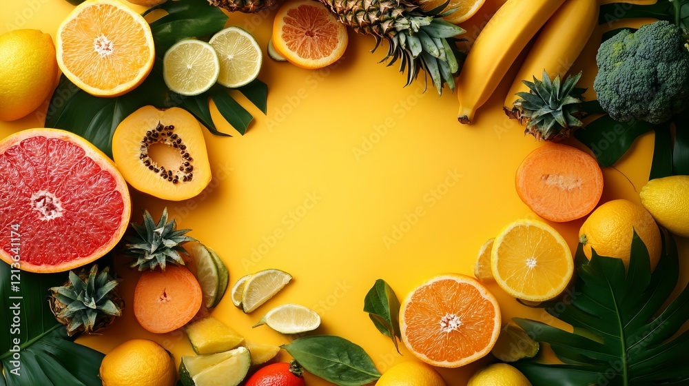 Vibrant Yellow Background Showcasing an Abundant Assortment of Colorful Fresh Fruits and Vegetables Creating a Cheerful and Healthy Atmosphere for Culinary and Lifestyle Inspirations Vibrant Yellow Background Showcasing an Abundant Assortment of Colorful Fresh Fruits and Vegetables Creating a Cheerful and Healthy Atmosphere for Culinary and Lifestyle Inspirations