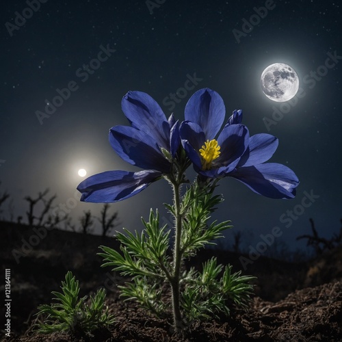 A single aconite flower blooming under a full moon.