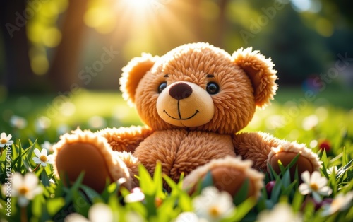 A heartwarming image of a soft brown bear relaxing on a bed of lush green grass.