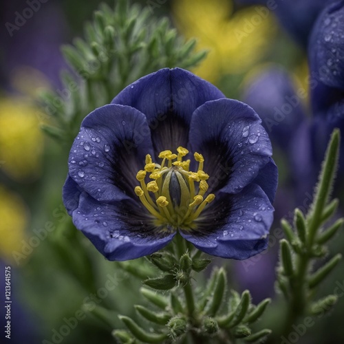 A macro shot of an aconite flower’s pollen-filled center