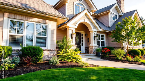 Luxury House Exterior: Dream Home Architecture and Landscaping Design. Beautiful Residential Property with Garden and Lawn